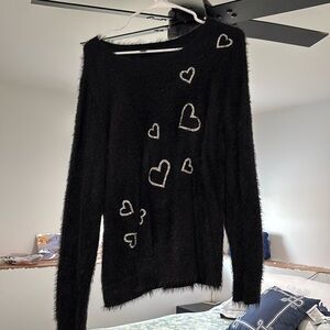 INC fuzzy sweater with rhinestone hearts